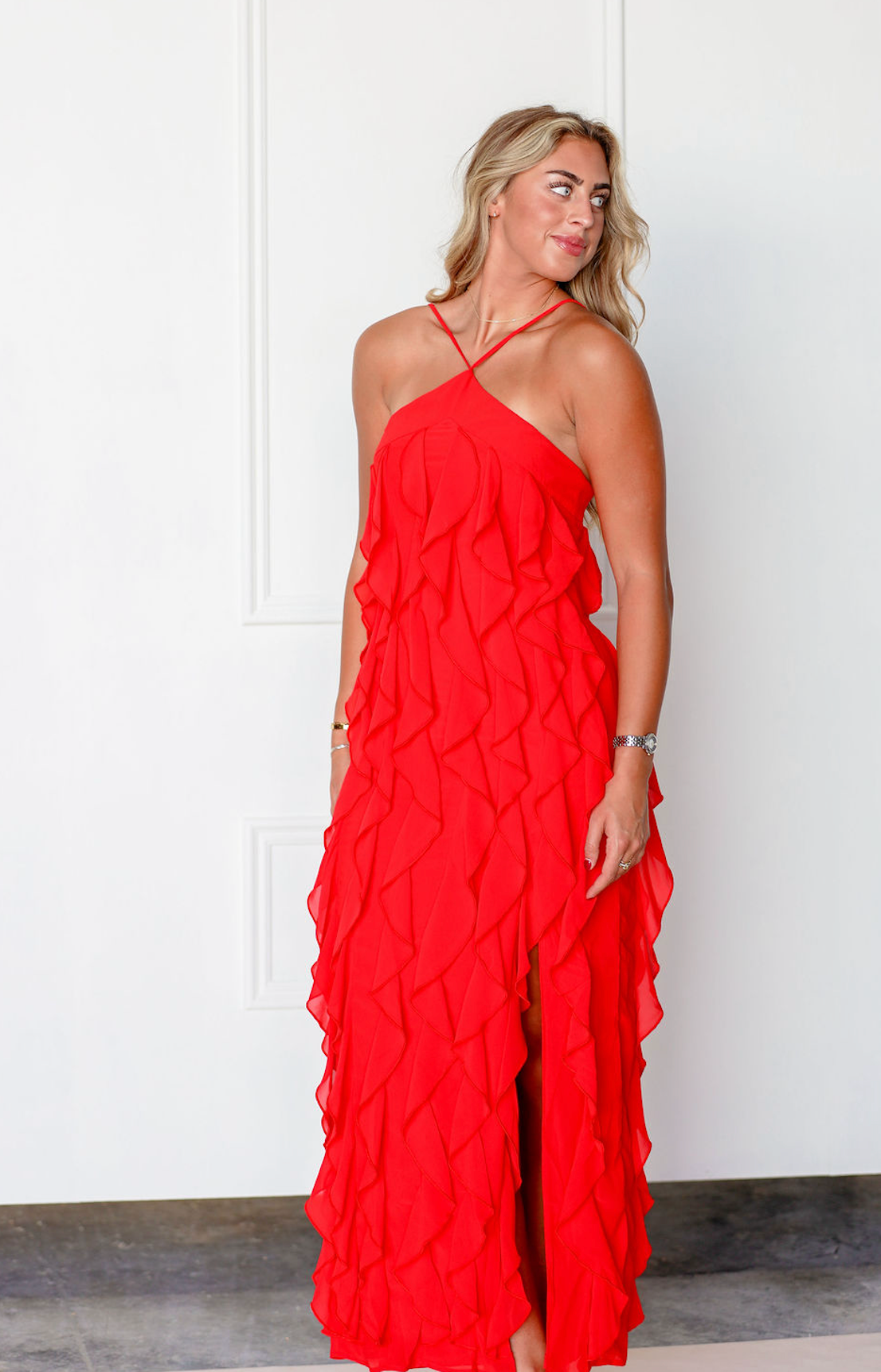 Red Halter Ruffle Maxi Dress