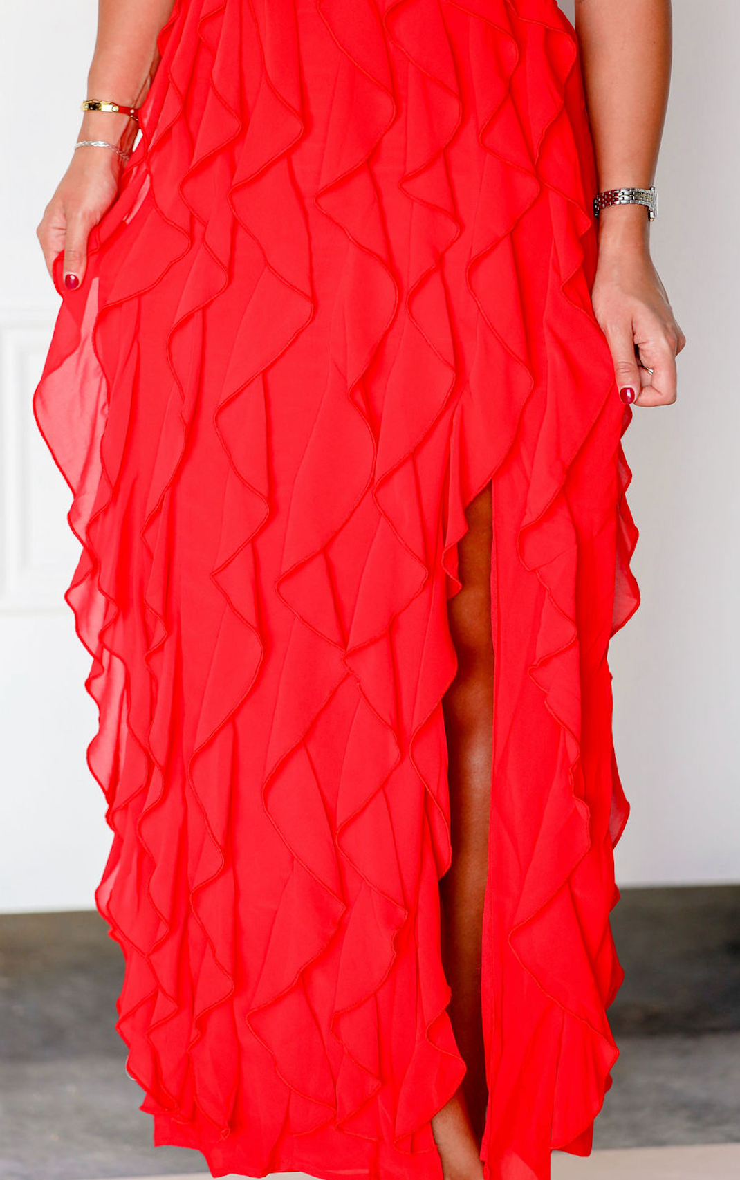 Red Halter Ruffle Maxi Dress