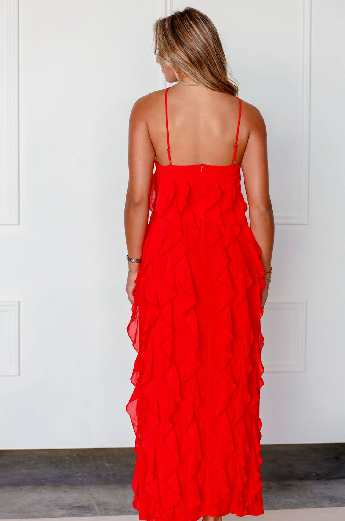 Red Halter Ruffle Maxi Dress
