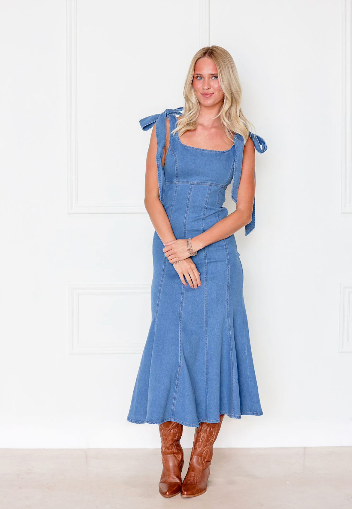 Tie Shoulder Denim Midi Dress