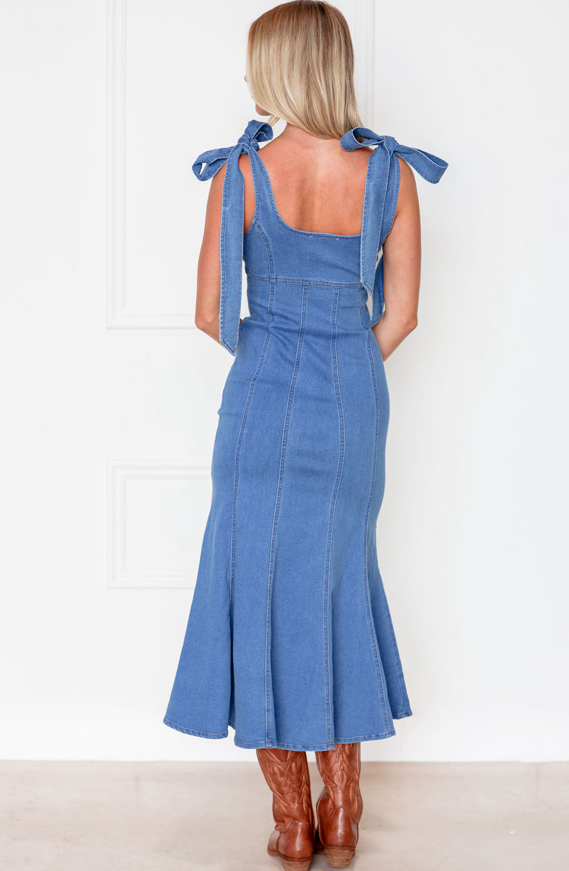 Tie Shoulder Denim Midi Dress