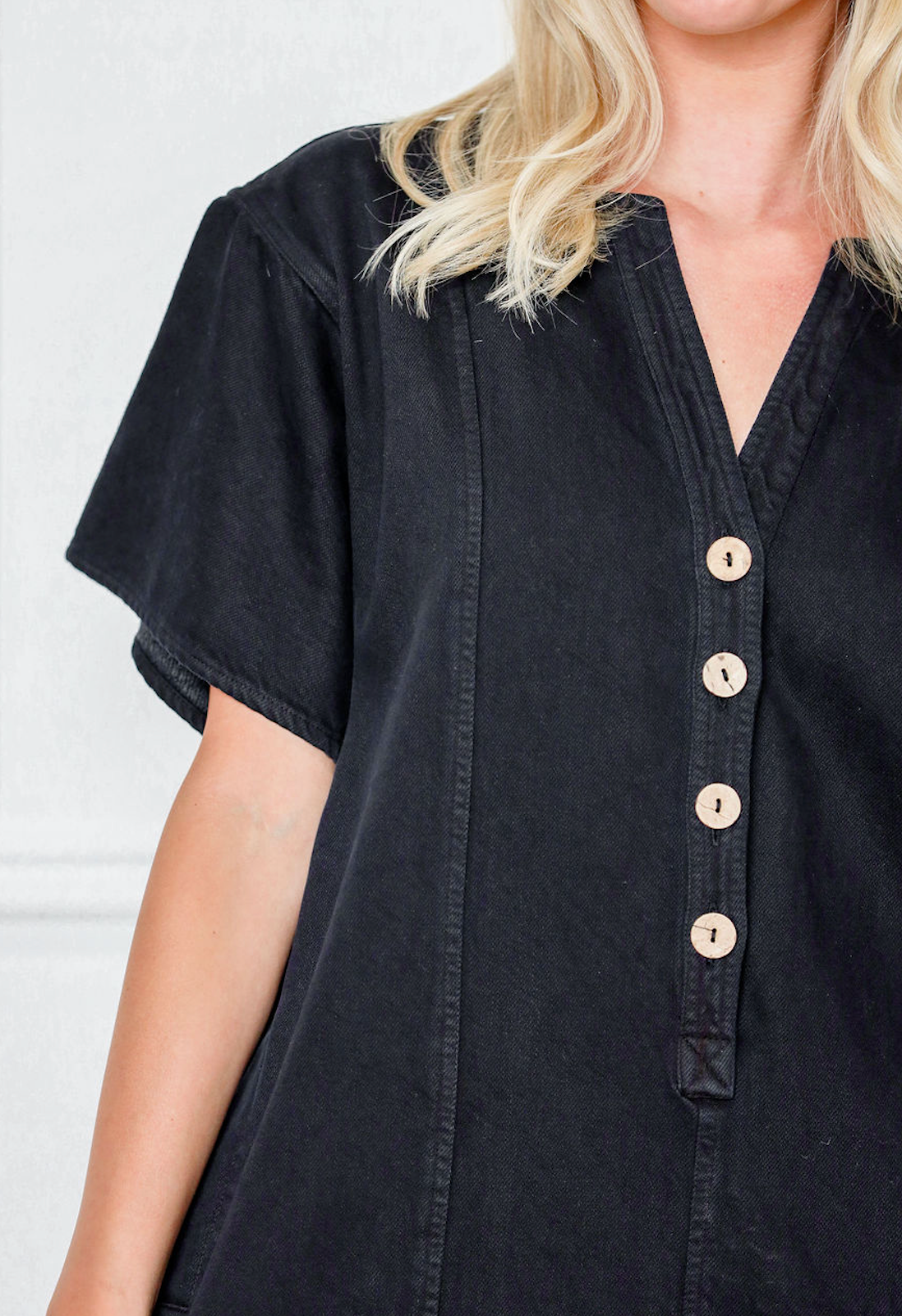 Dori Button Cotton Romper Black