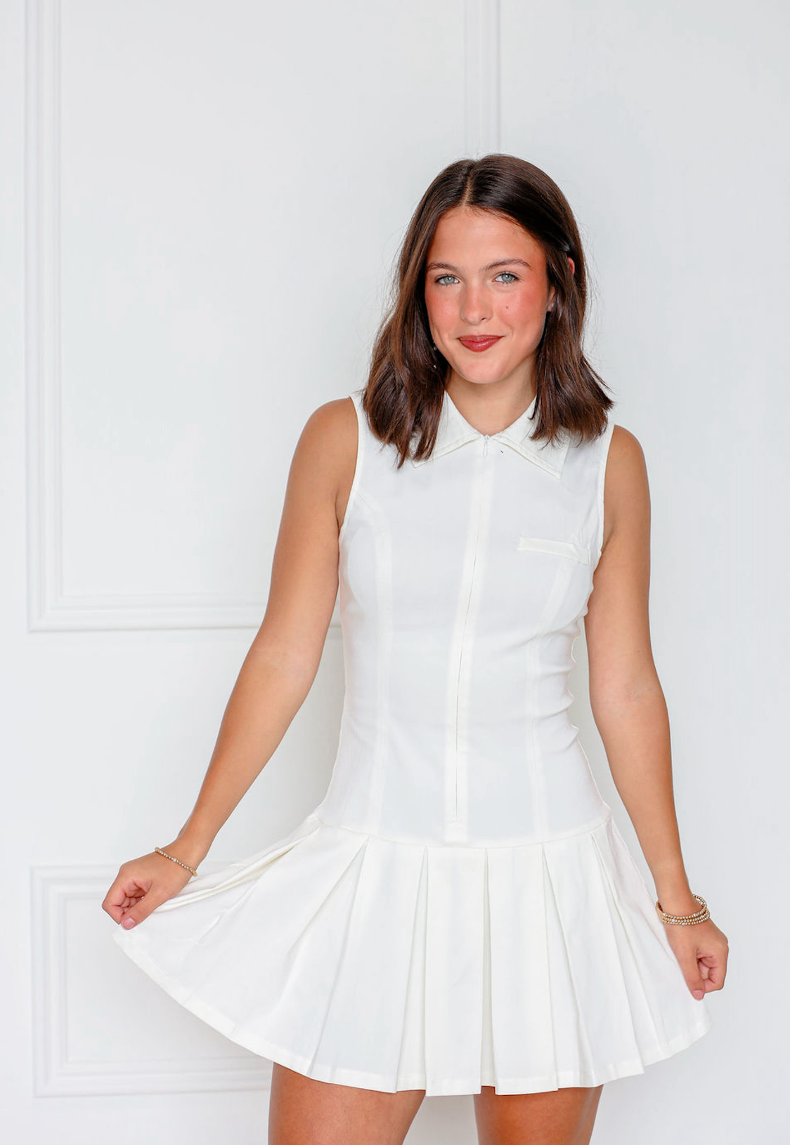 Collared Mini Dress w/ Pleated Skirt