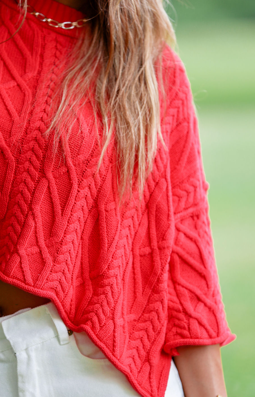 Cable Stitch Cotton Sweater Red