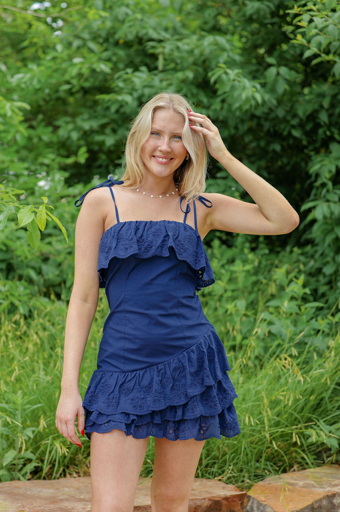 Navy Eyelet Ruffle Hem Dress