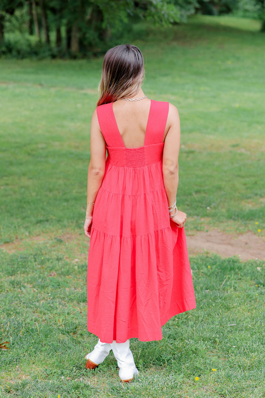 Tiered Smocking Midi Dress Red