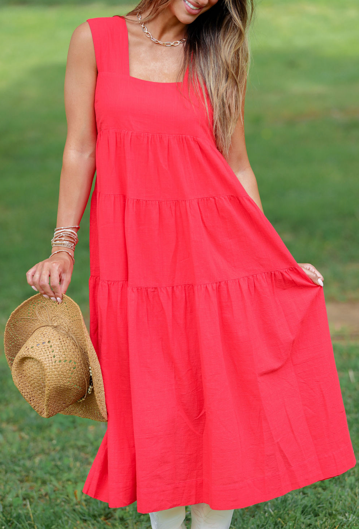 Tiered Smocking Midi Dress Red