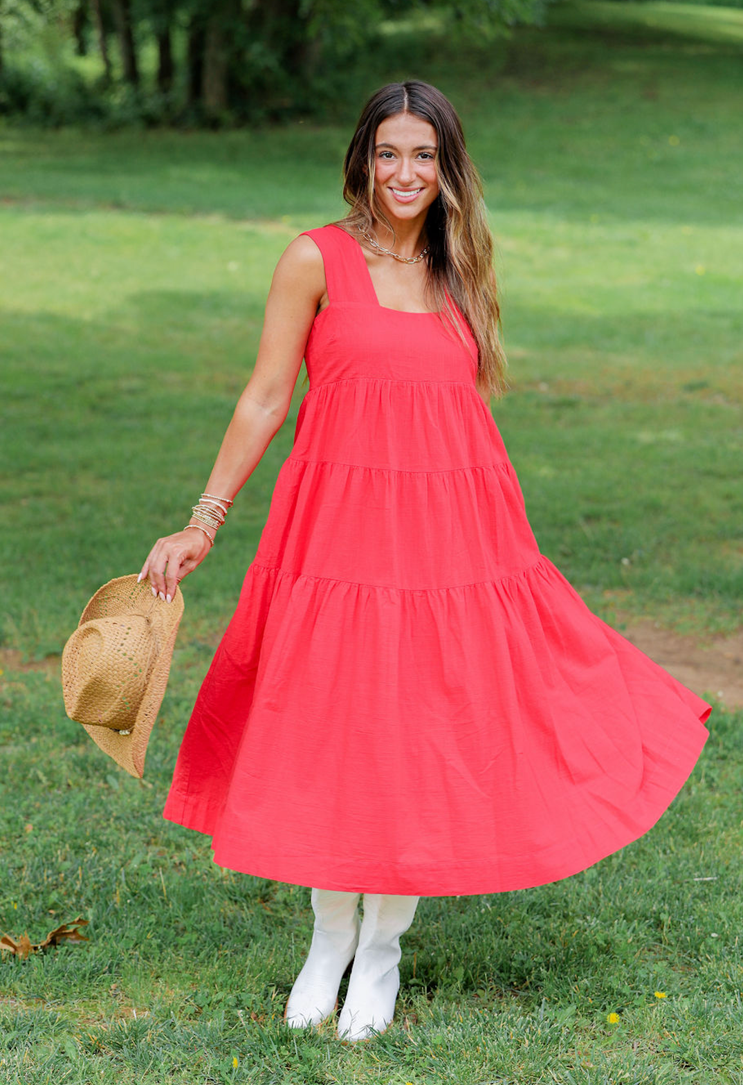 Tiered Smocking Midi Dress Red