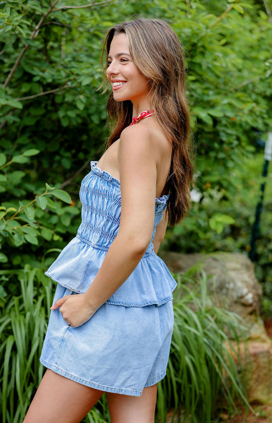 Denim Ruffle Strapless Romper