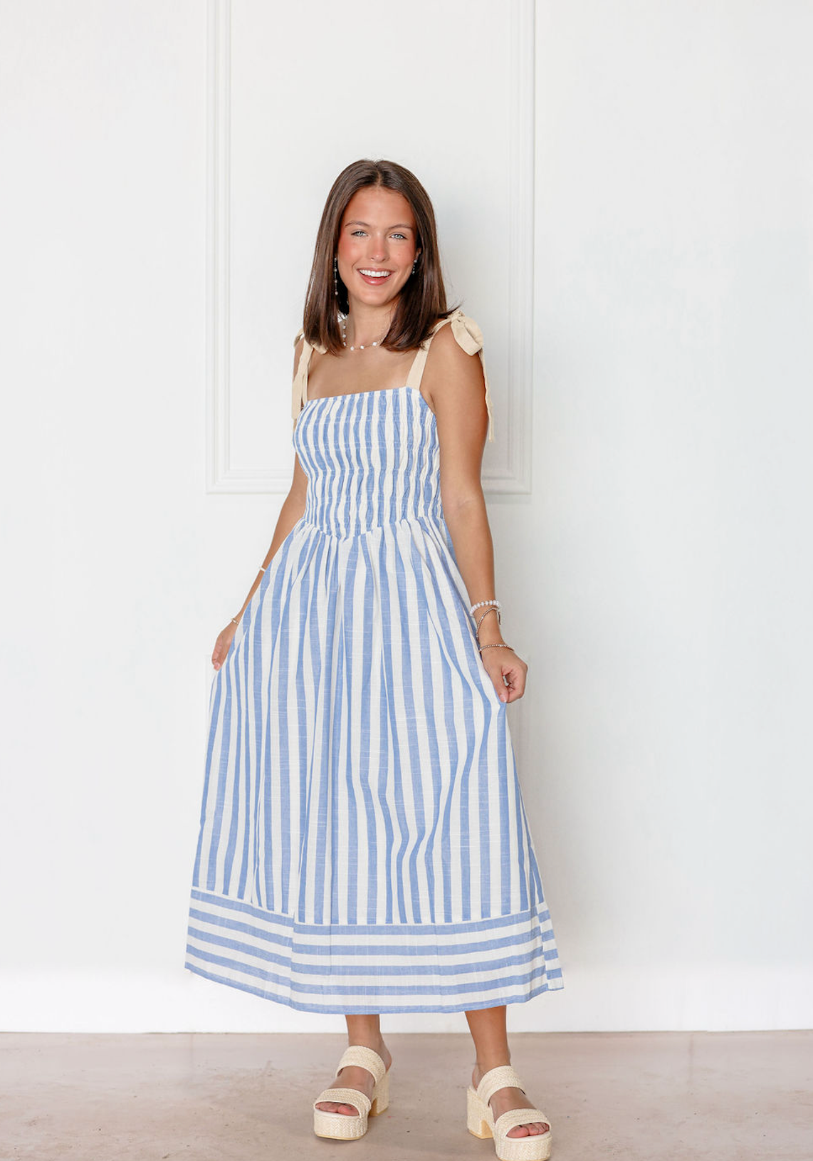 Blue Striped Tie Strap Midi Dress