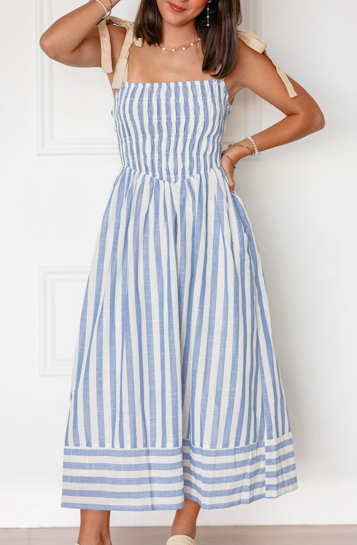 Blue Striped Tie Strap Midi Dress