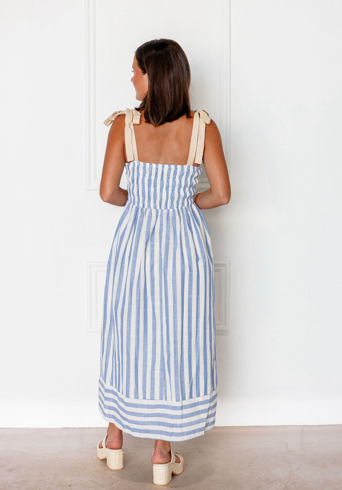Blue Striped Tie Strap Midi Dress