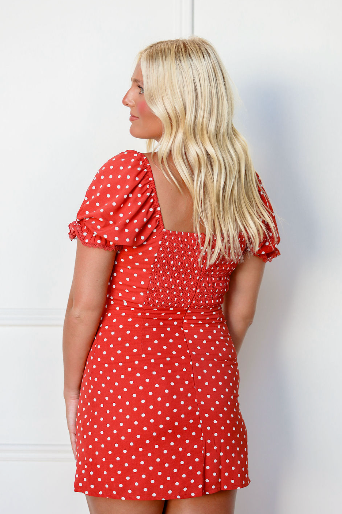 Red Short Sleeve Polka Dot Dress