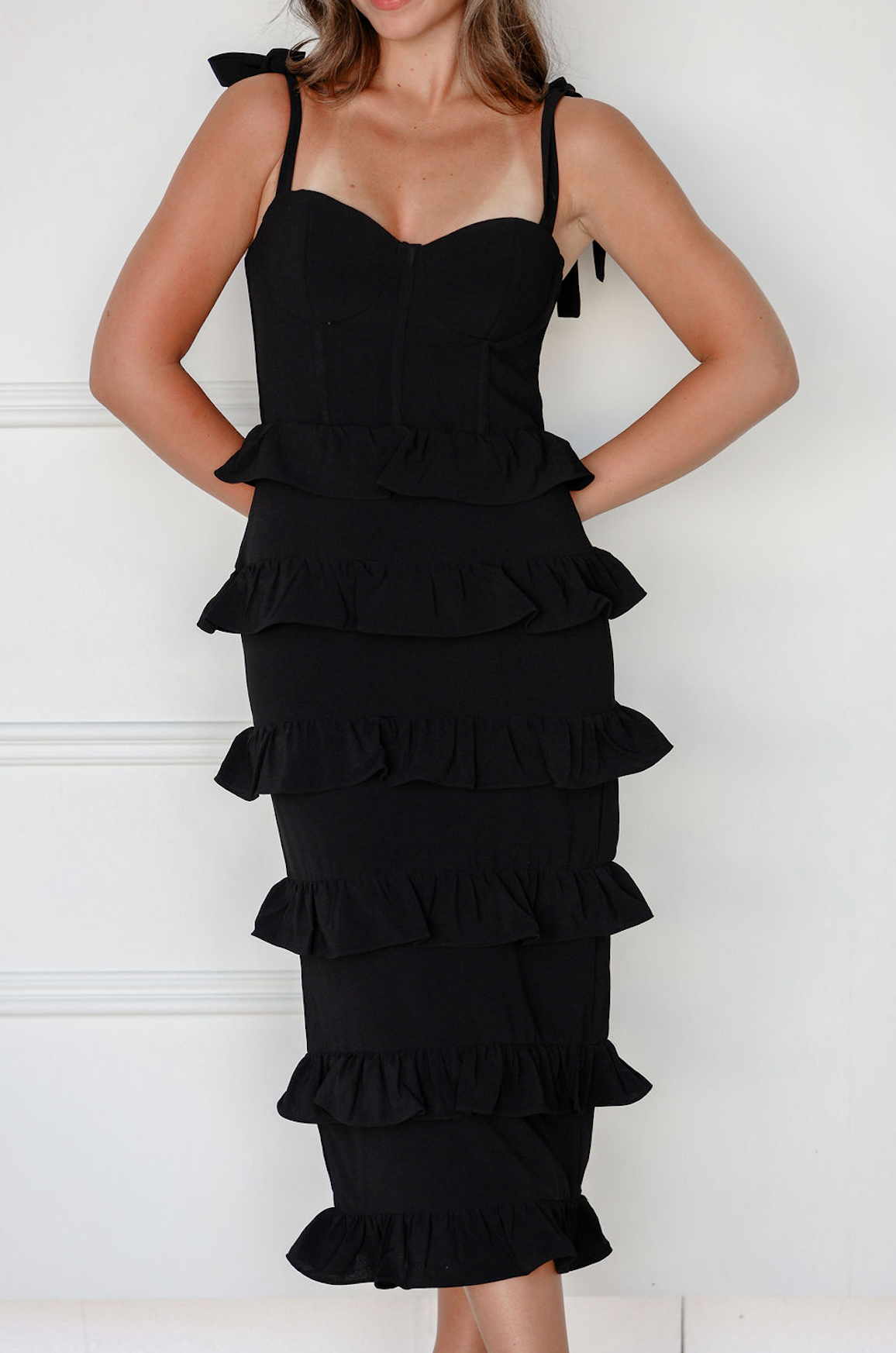 Black Ribbon Bustier Midi Dress