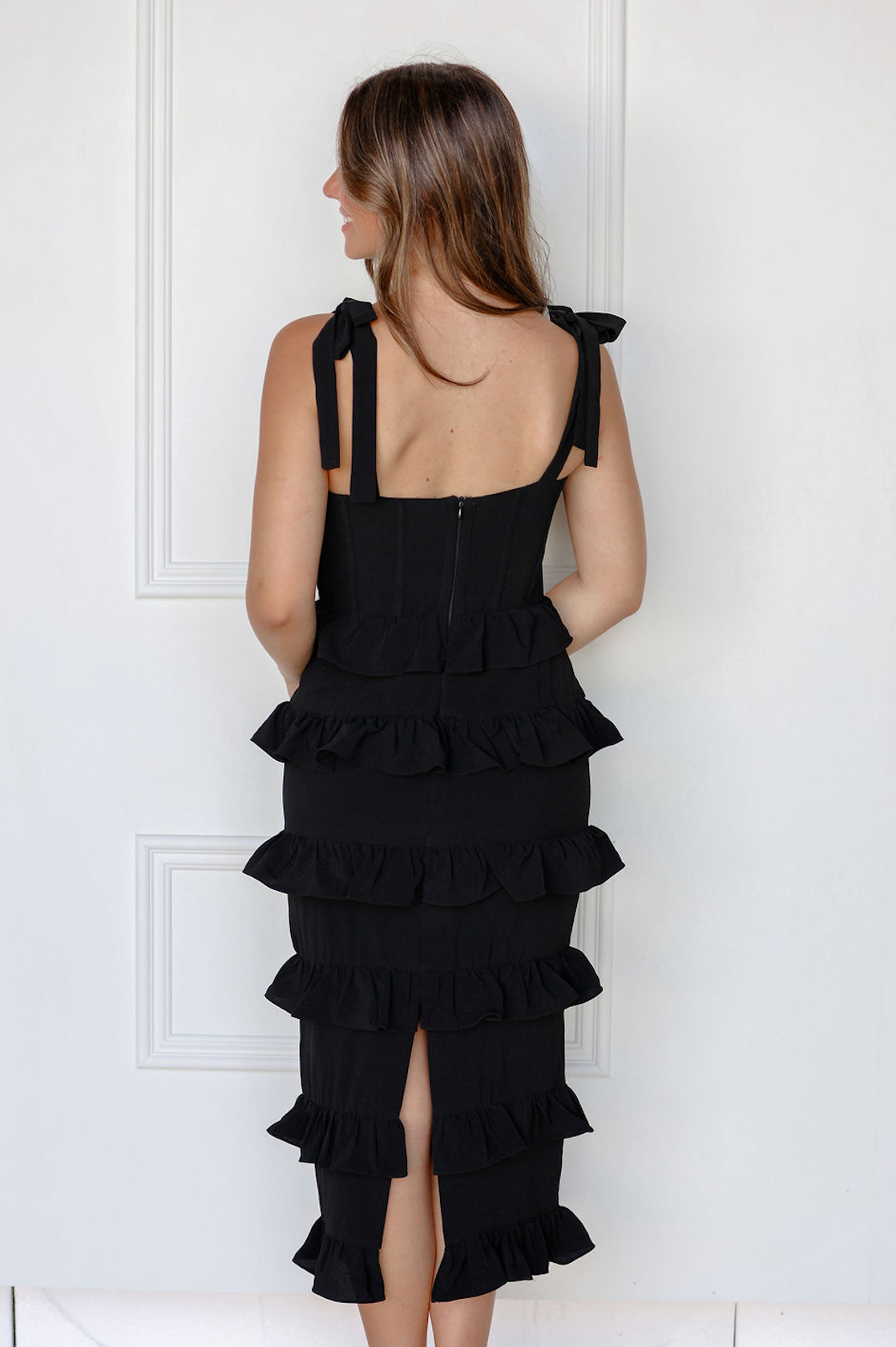 Black Ribbon Bustier Midi Dress