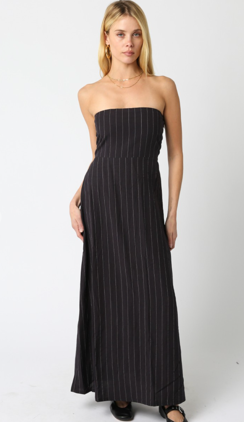Black Strapless Stripe Linen Dress