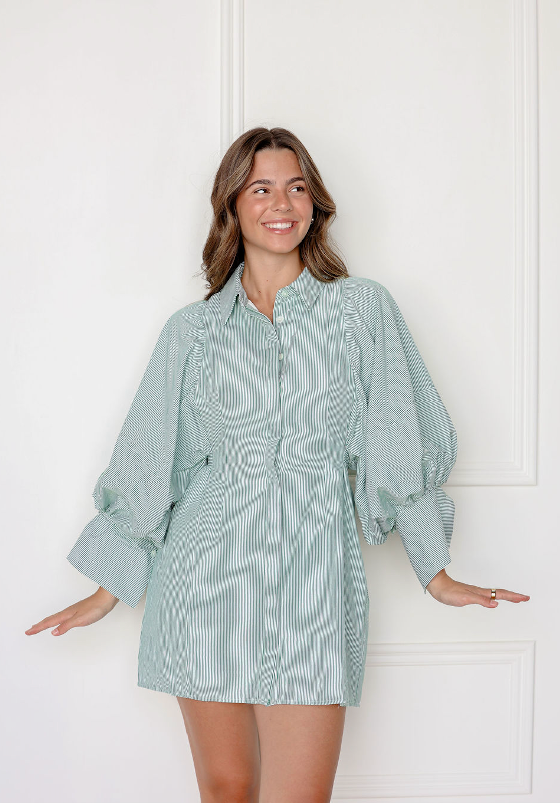 Big Sleeve Shirt Dress Green Stripe
