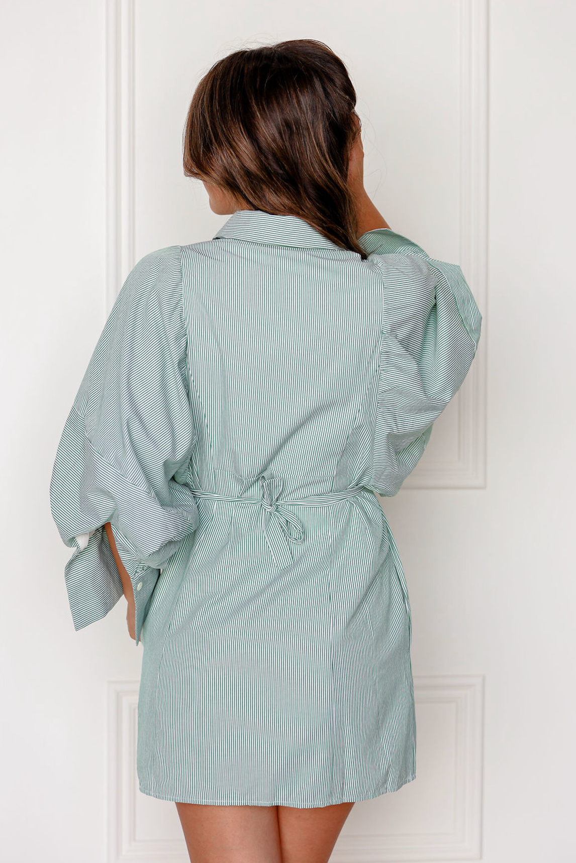 Big Sleeve Shirt Dress Green Stripe