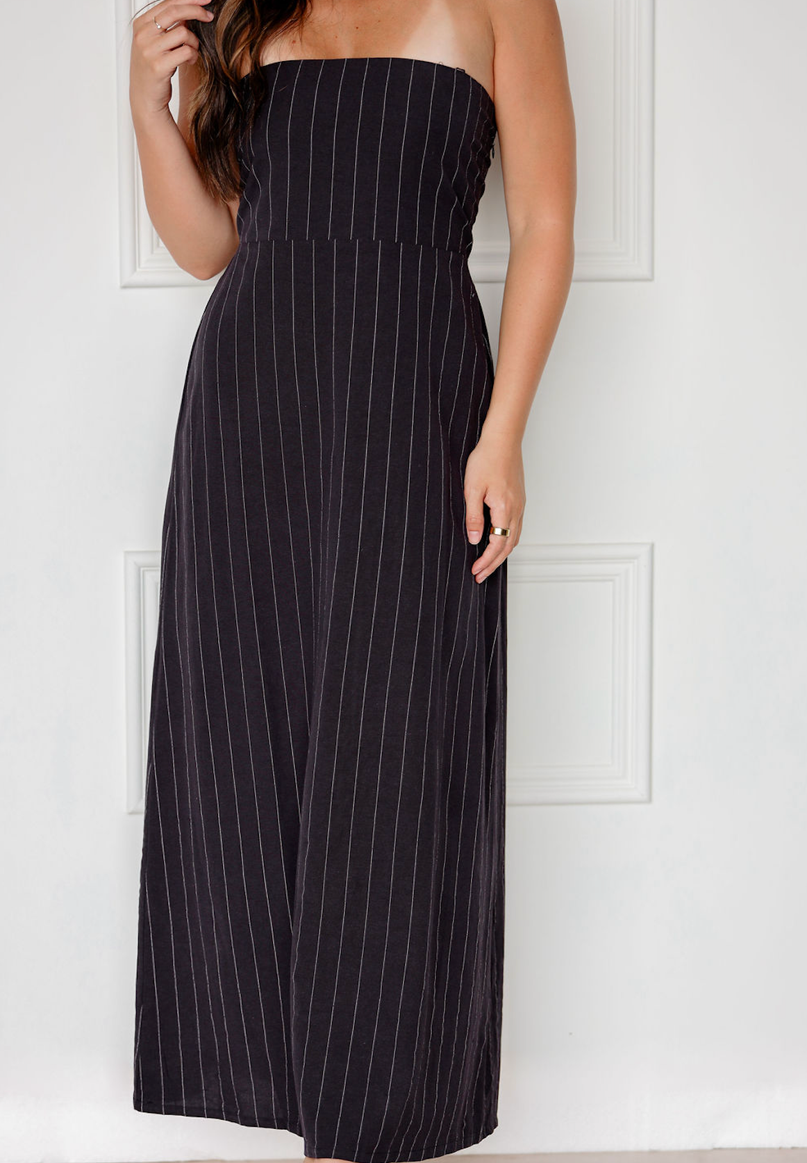 Black Strapless Stripe Linen Dress