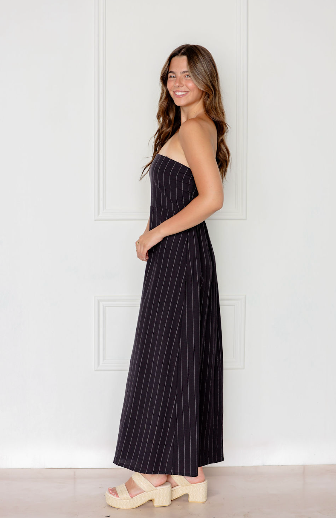 Black Strapless Stripe Linen Dress