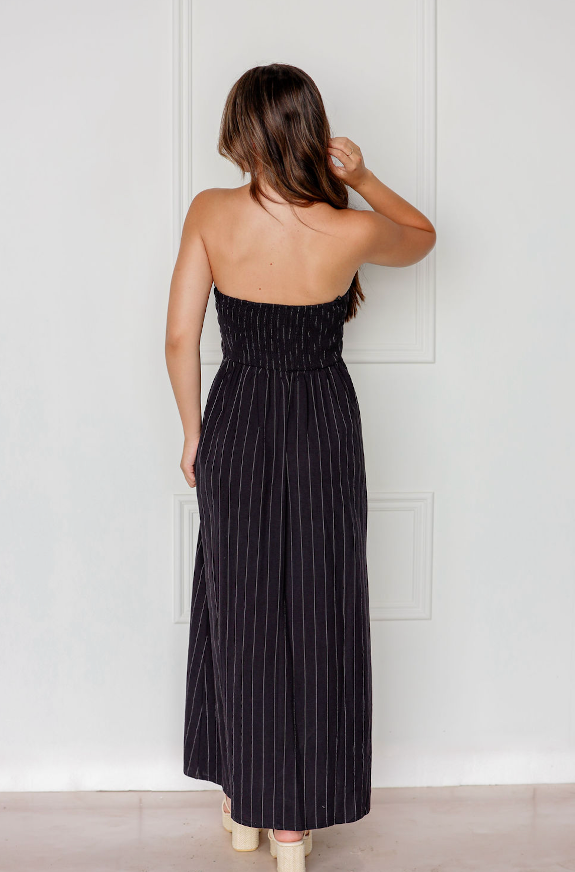 Black Strapless Stripe Linen Dress