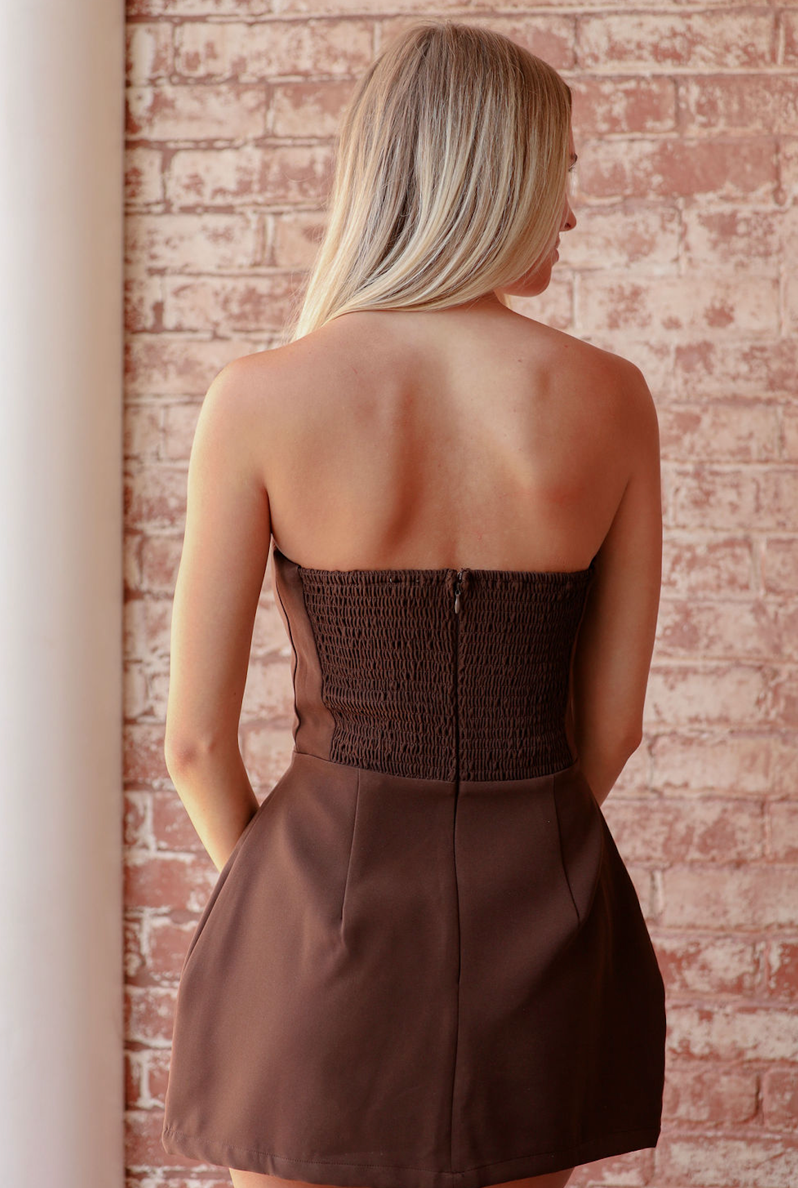 Front Pocket Strapless Dress Coffee
