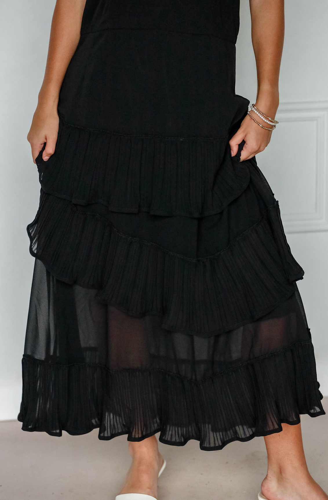 Asymmetrical Pleated Midi Dress Black