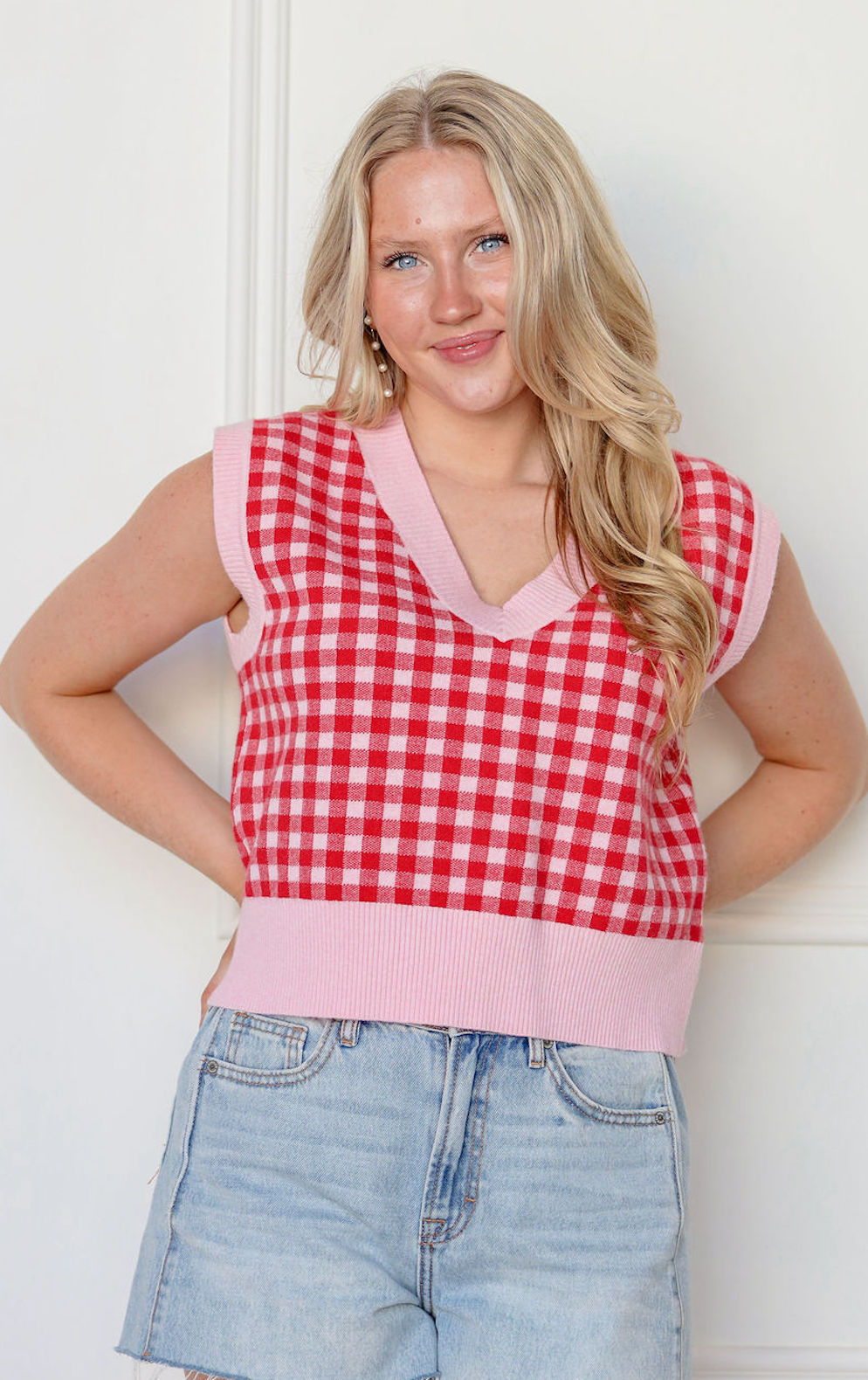 Gingham Sweater Vest Red