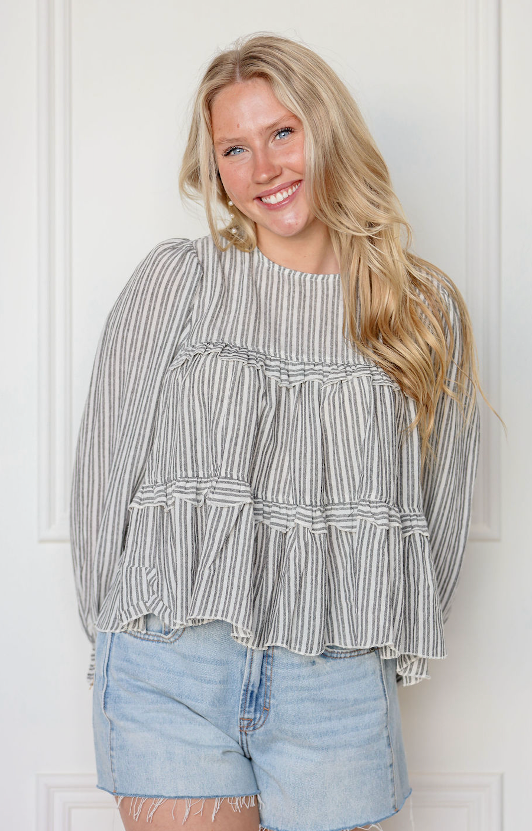 Stripe Ruffle Tier Blouse Black