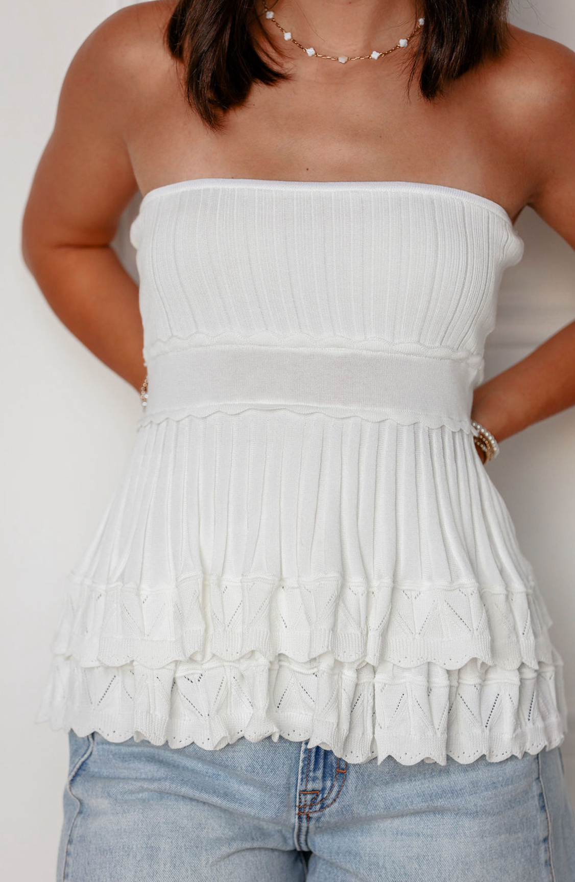 Strapless Knit Peplum Top White