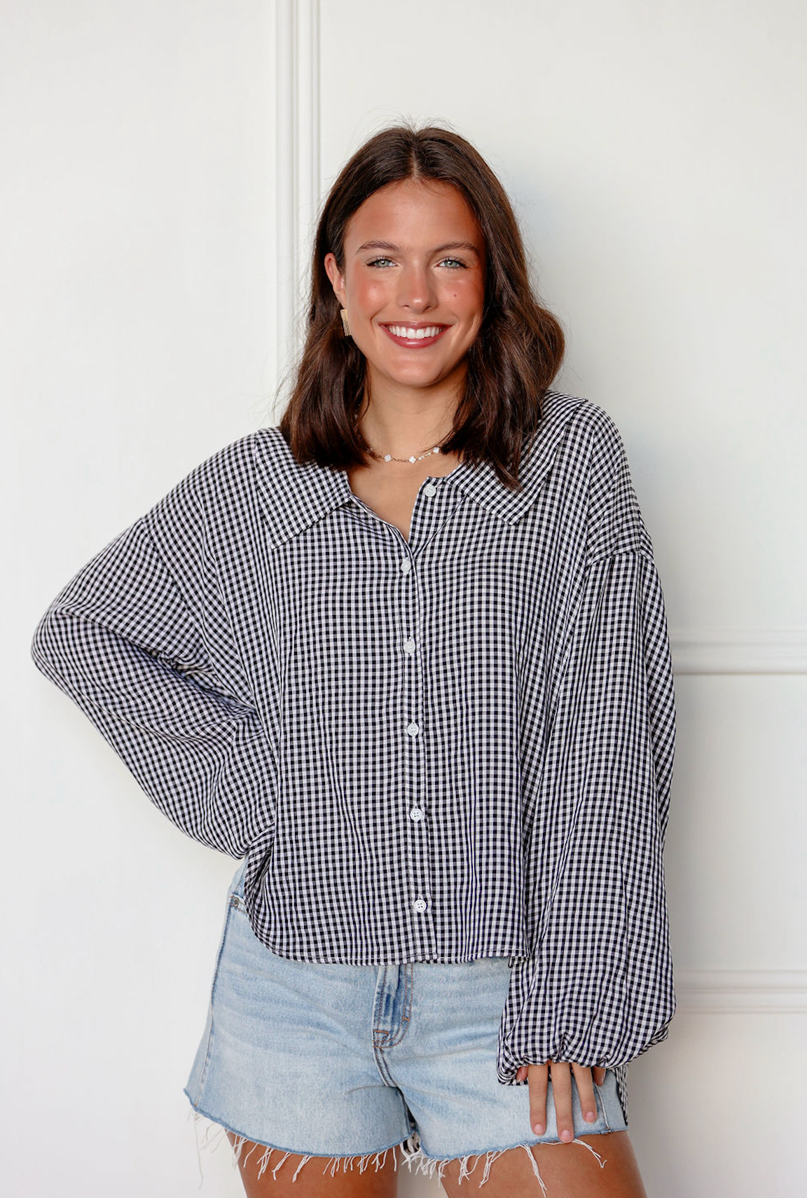 Long Sleeve Gingham Blouse Black