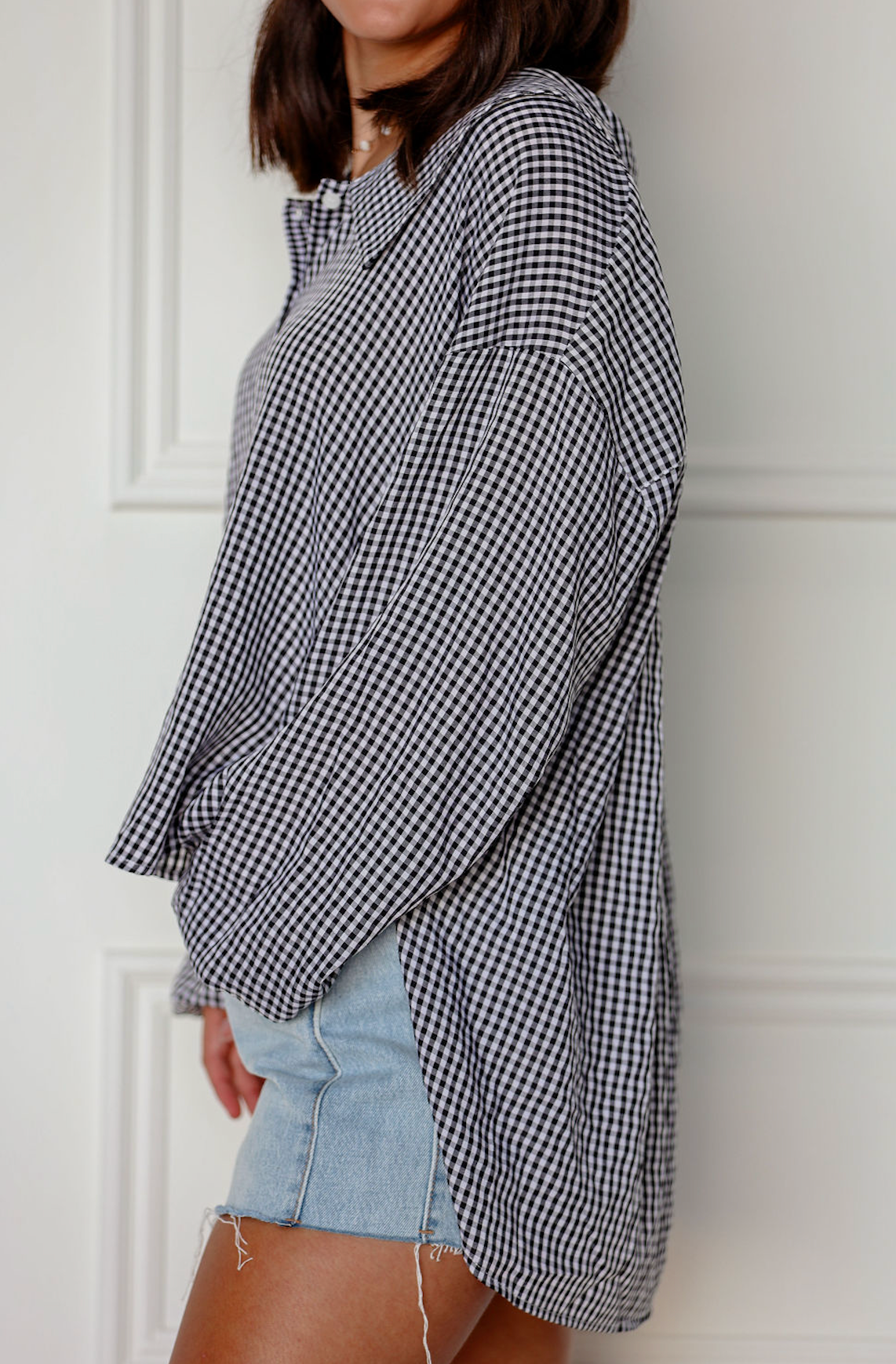 Long Sleeve Gingham Blouse Black