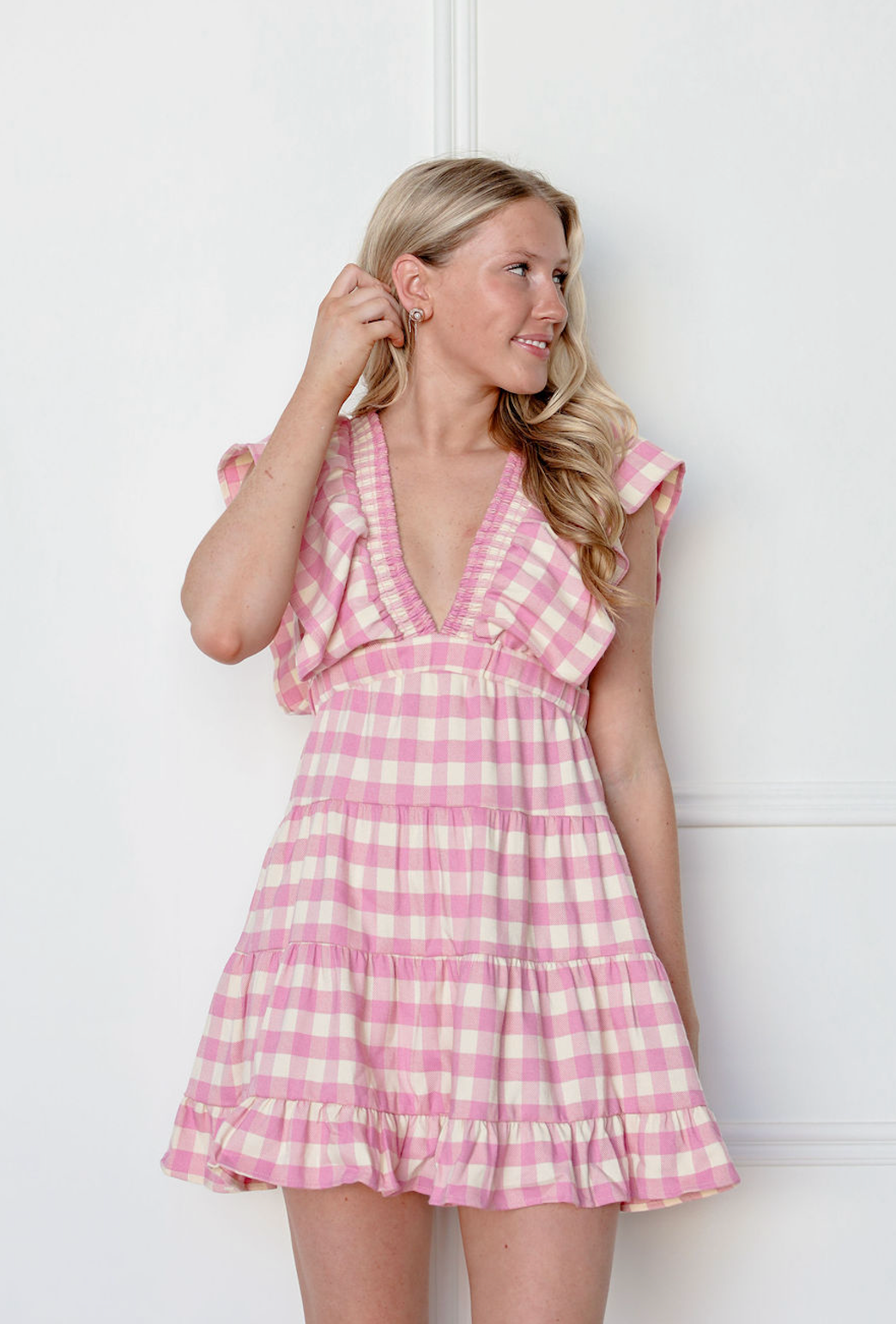 Pink Gingham V-neck Ruffle Dress