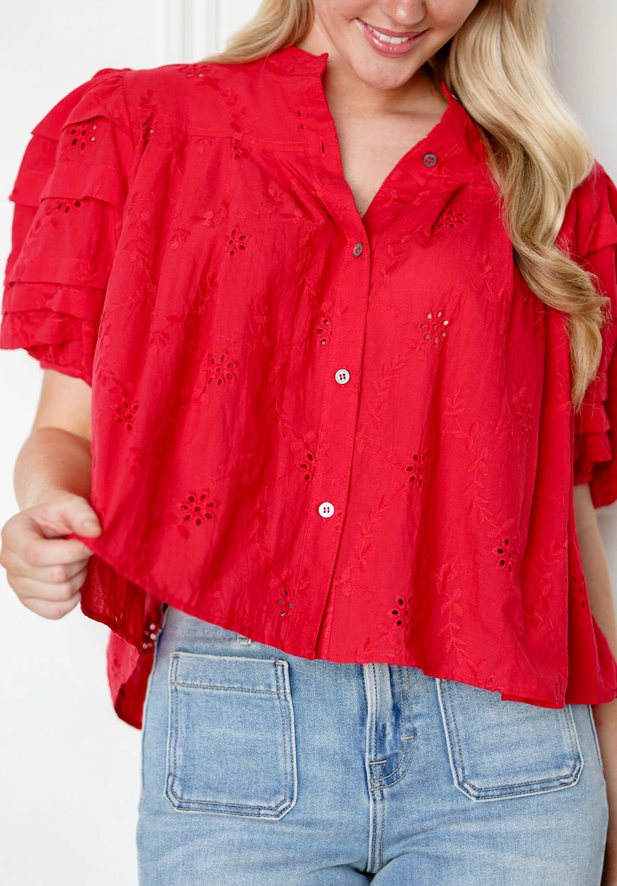 Eyelet Puff Sleeve Blouse Red
