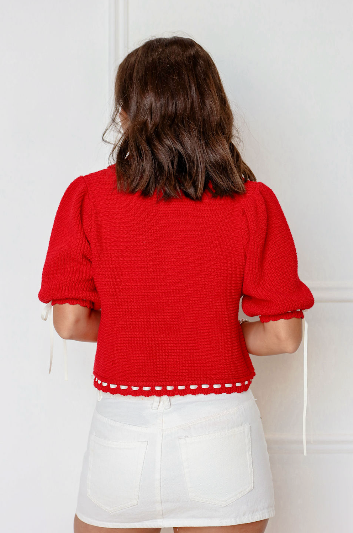 Lily Crochet Scallop Knit Top Red