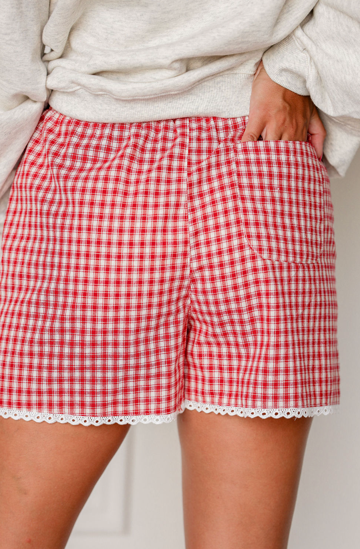 Red Plaid Boxer Shorts w/ Lace Hem