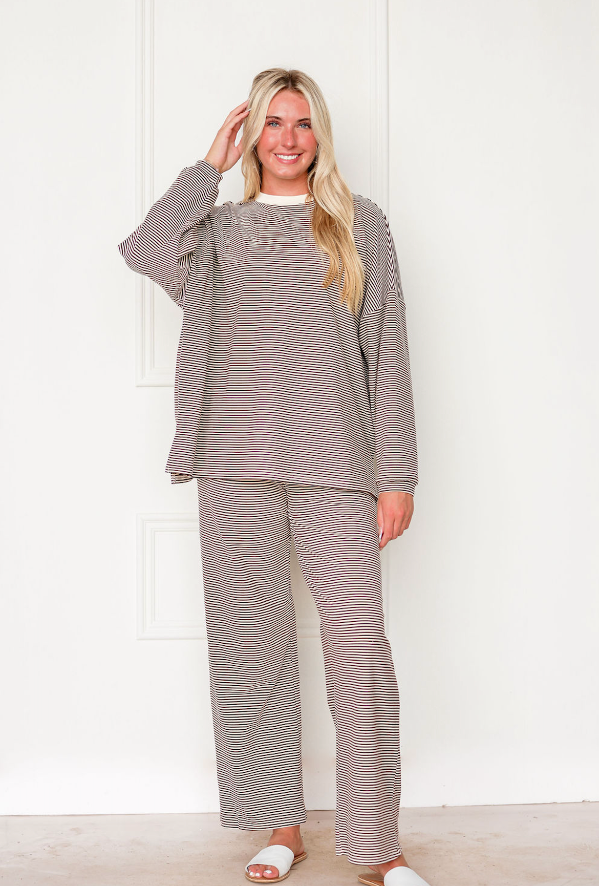 Striped Fleece Oversize Top Brown