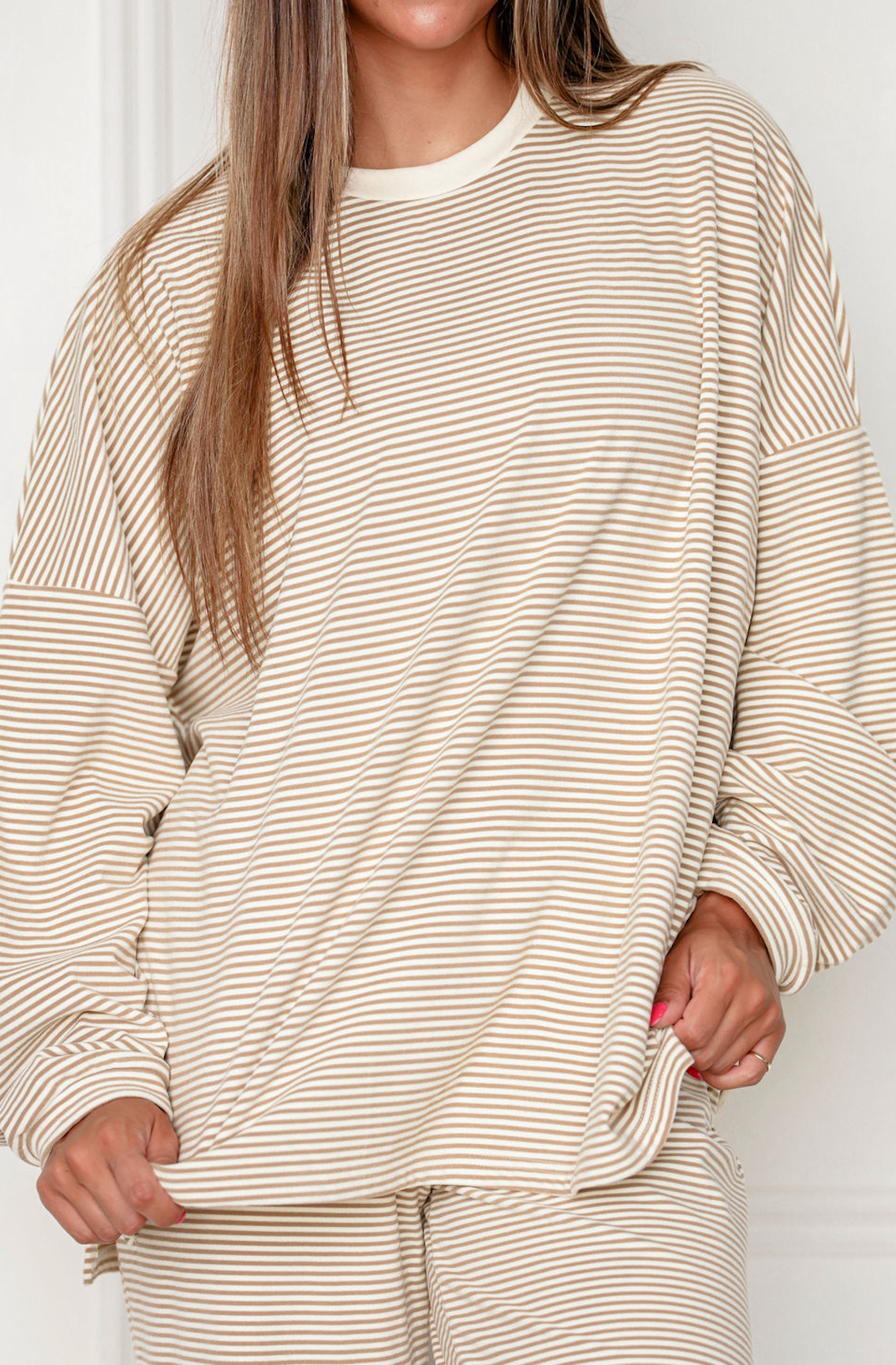 Striped Fleece Oversize Top Tan