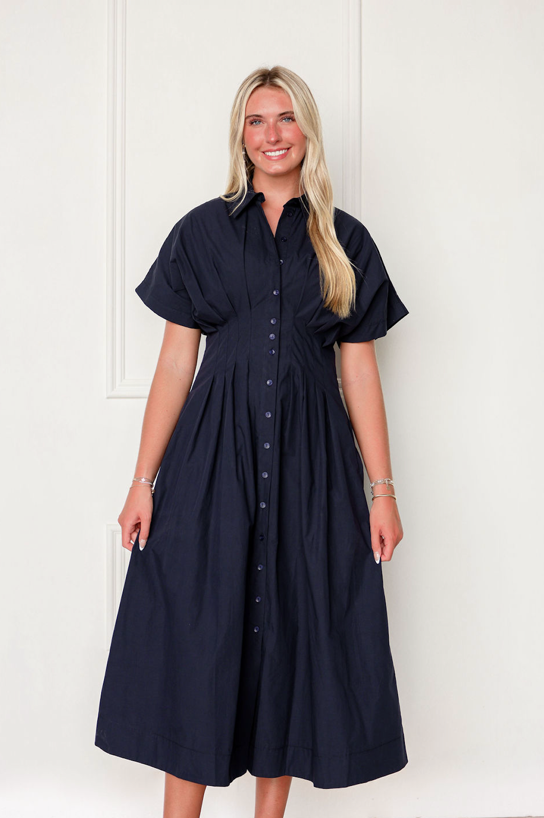 Navy Pleated Midi Shirt Dress