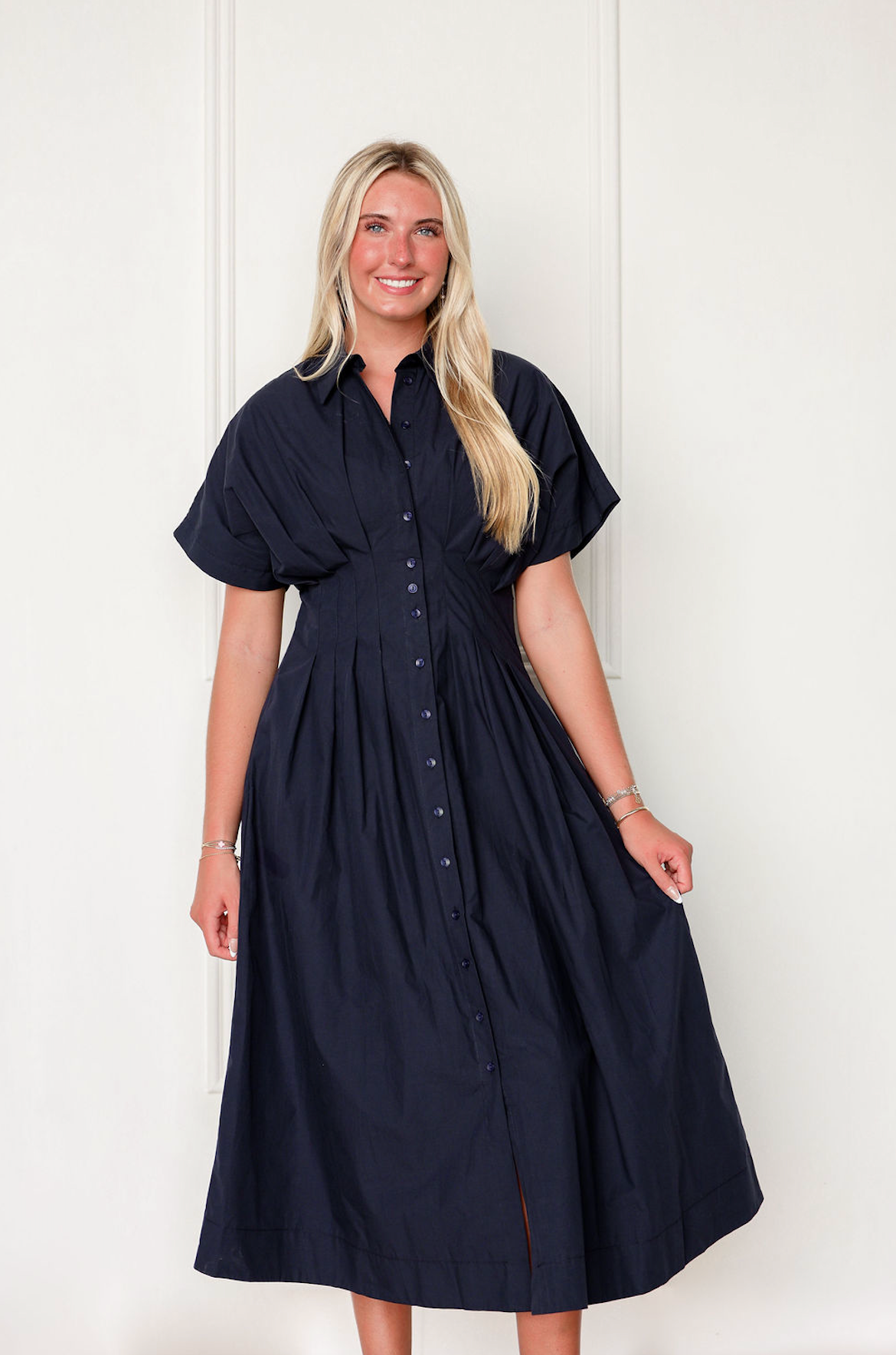 Navy Pleated Midi Shirt Dress