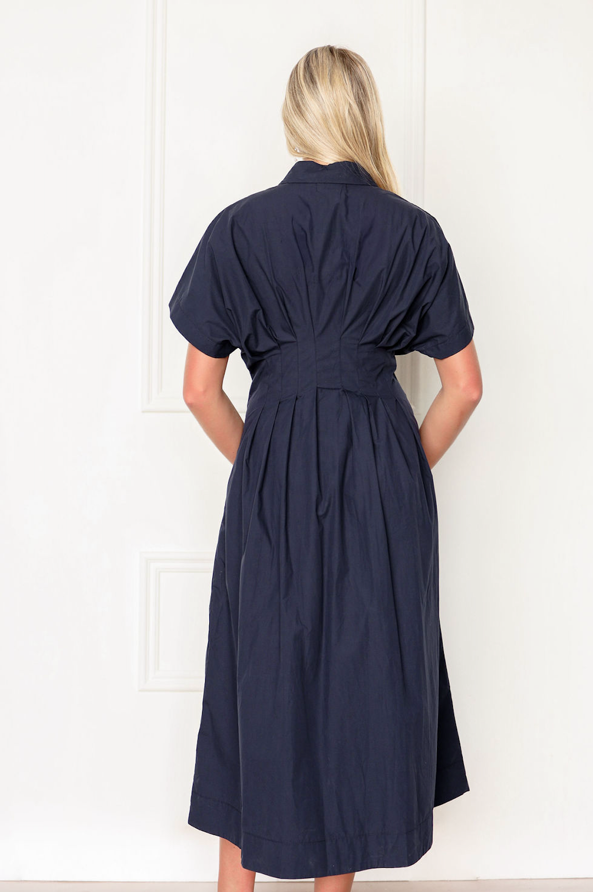 Navy Pleated Midi Shirt Dress