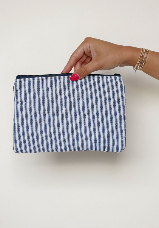 Navy Stripe Quilted Makeup Bag