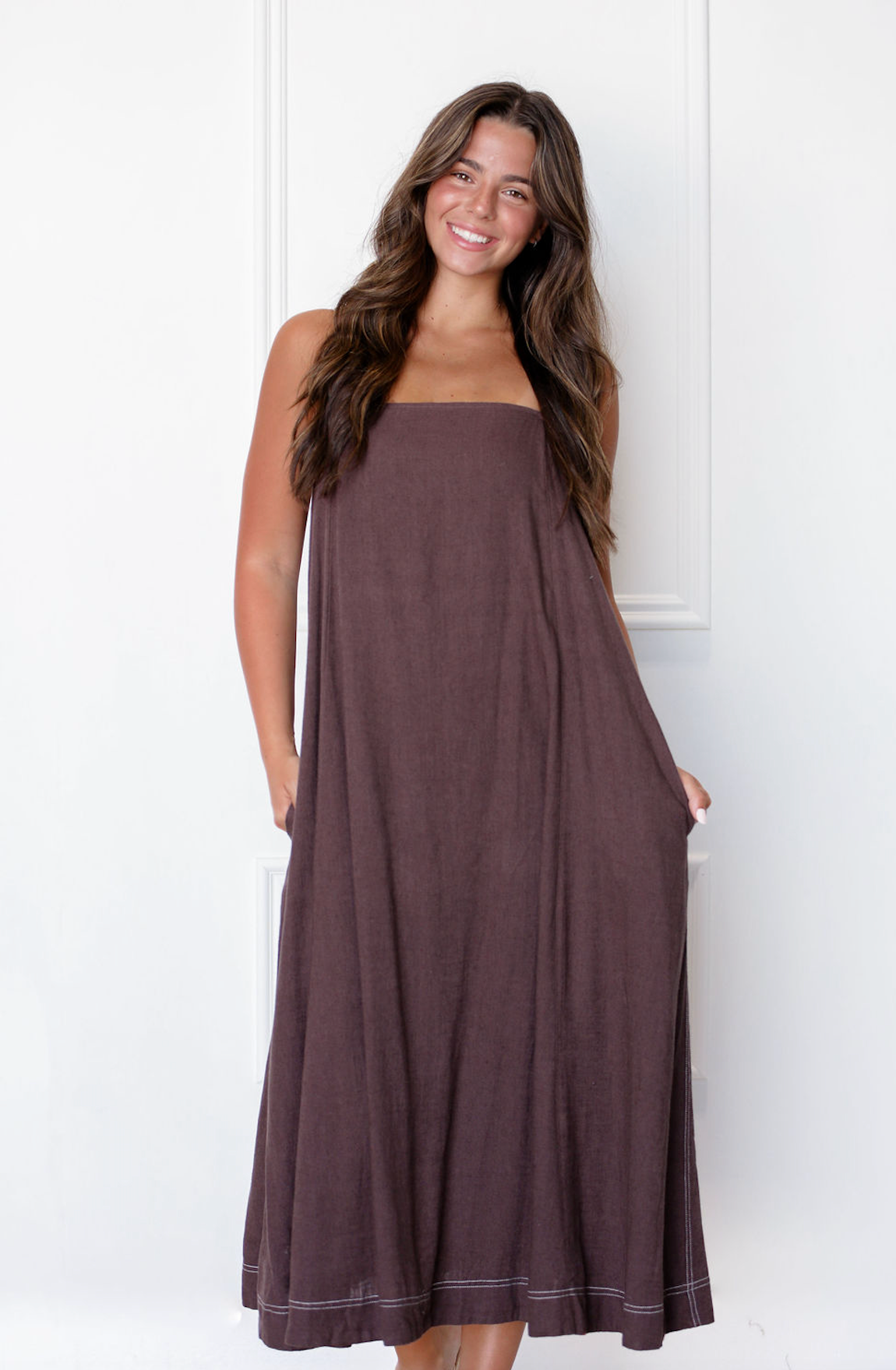 Brown Shoulder Tie Maxi Dress