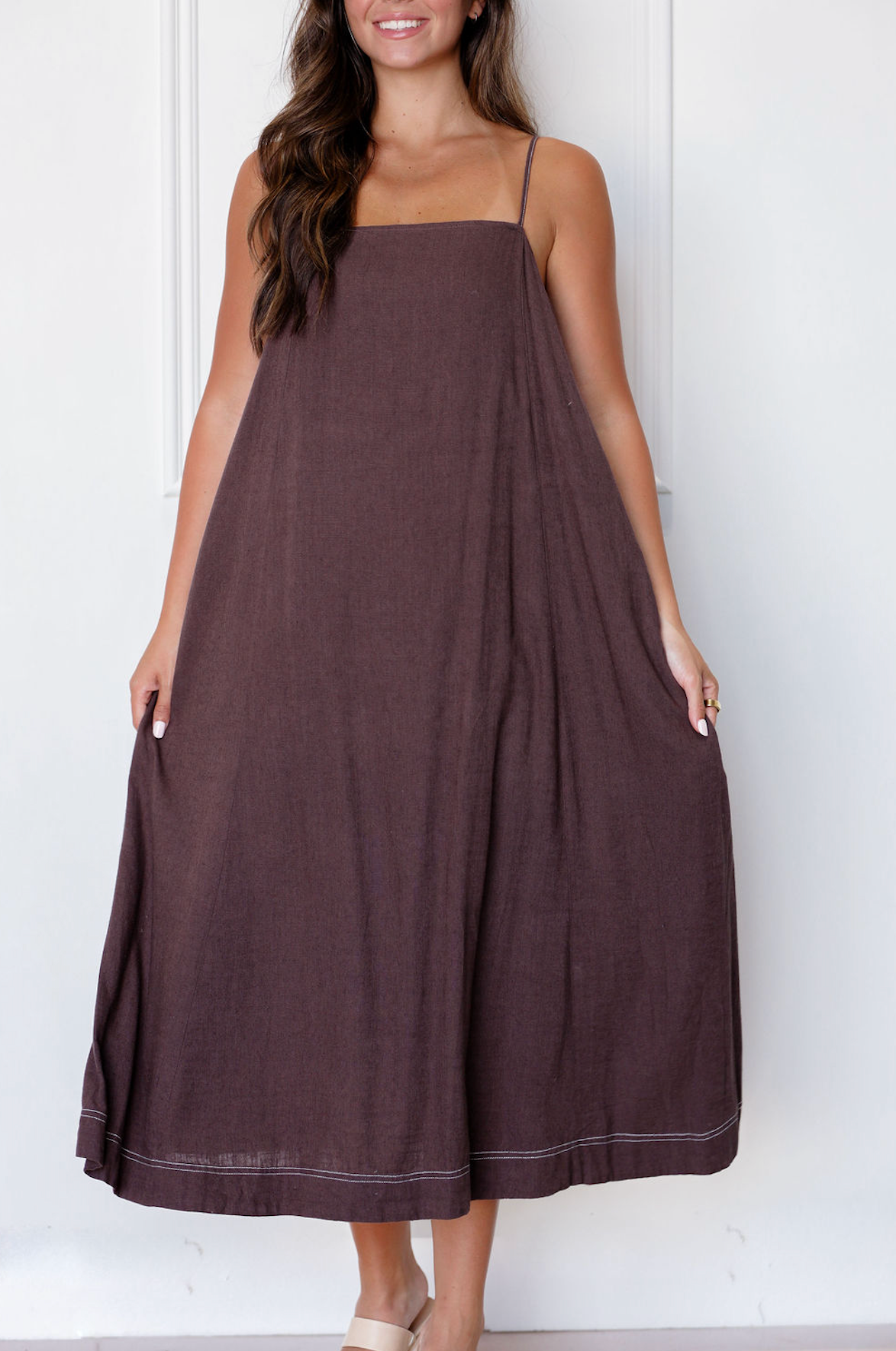 Brown Shoulder Tie Maxi Dress