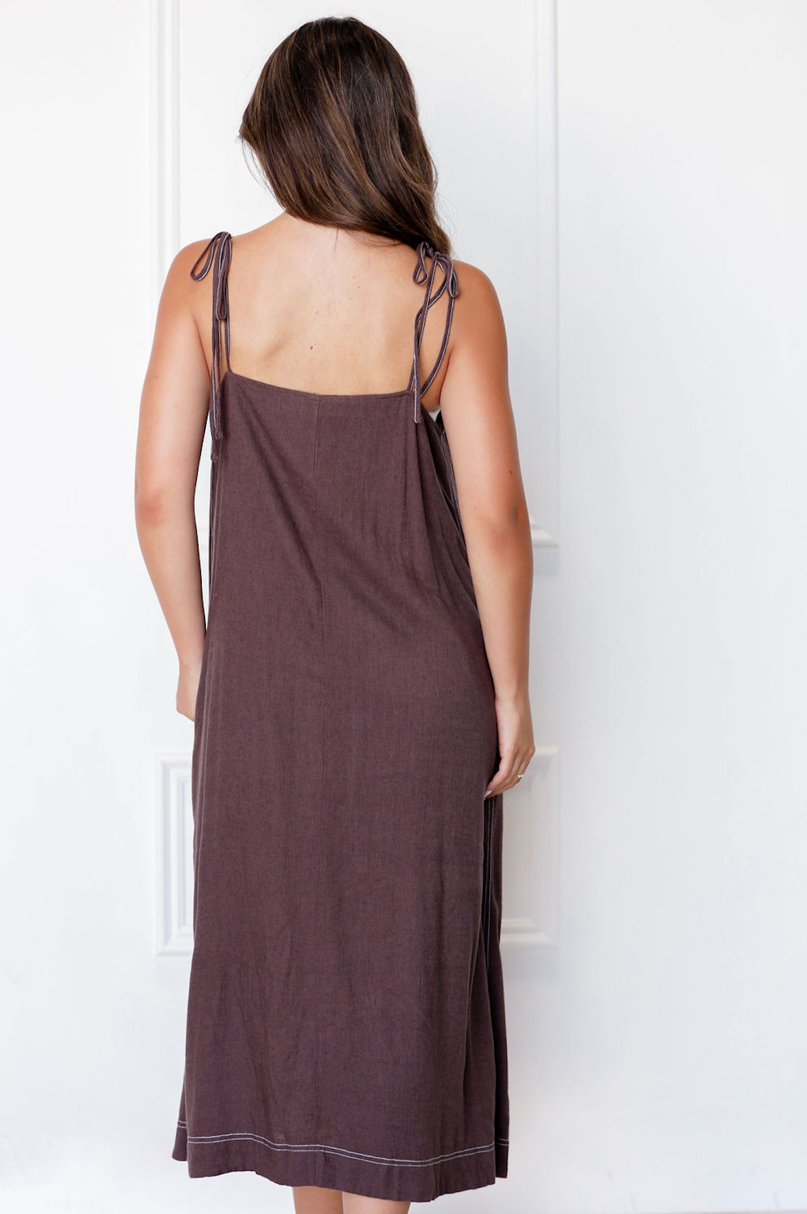 Brown Shoulder Tie Maxi Dress