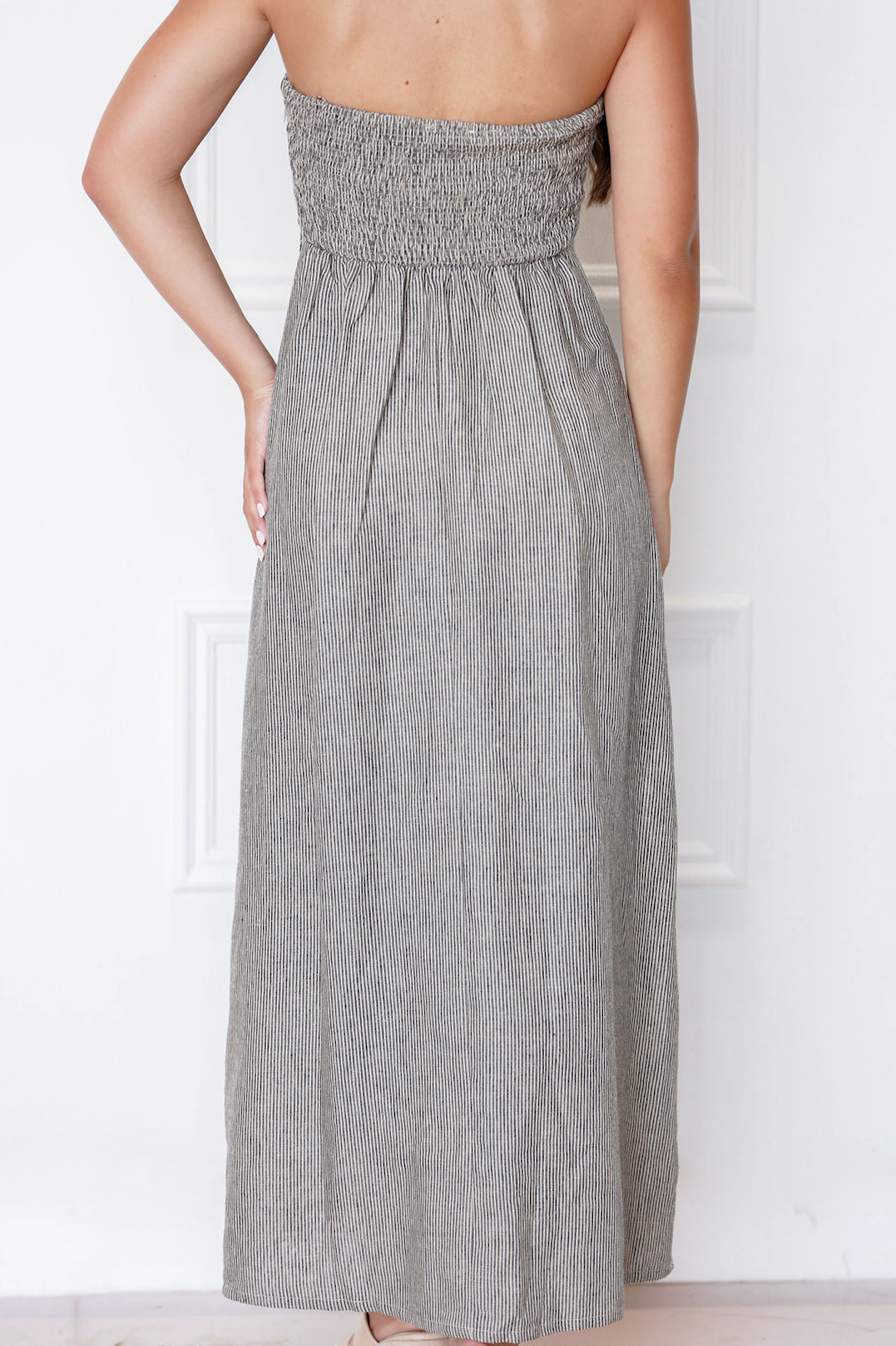 Taupe Strapless Stripe Linen Dress