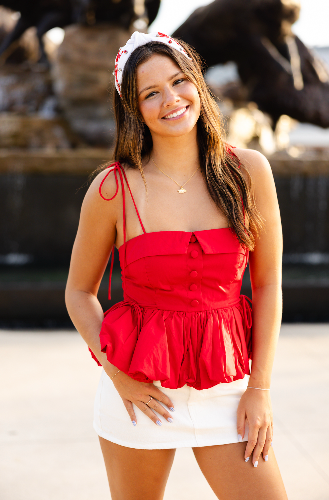 Red Bubble Hem Tie Shoulder Top