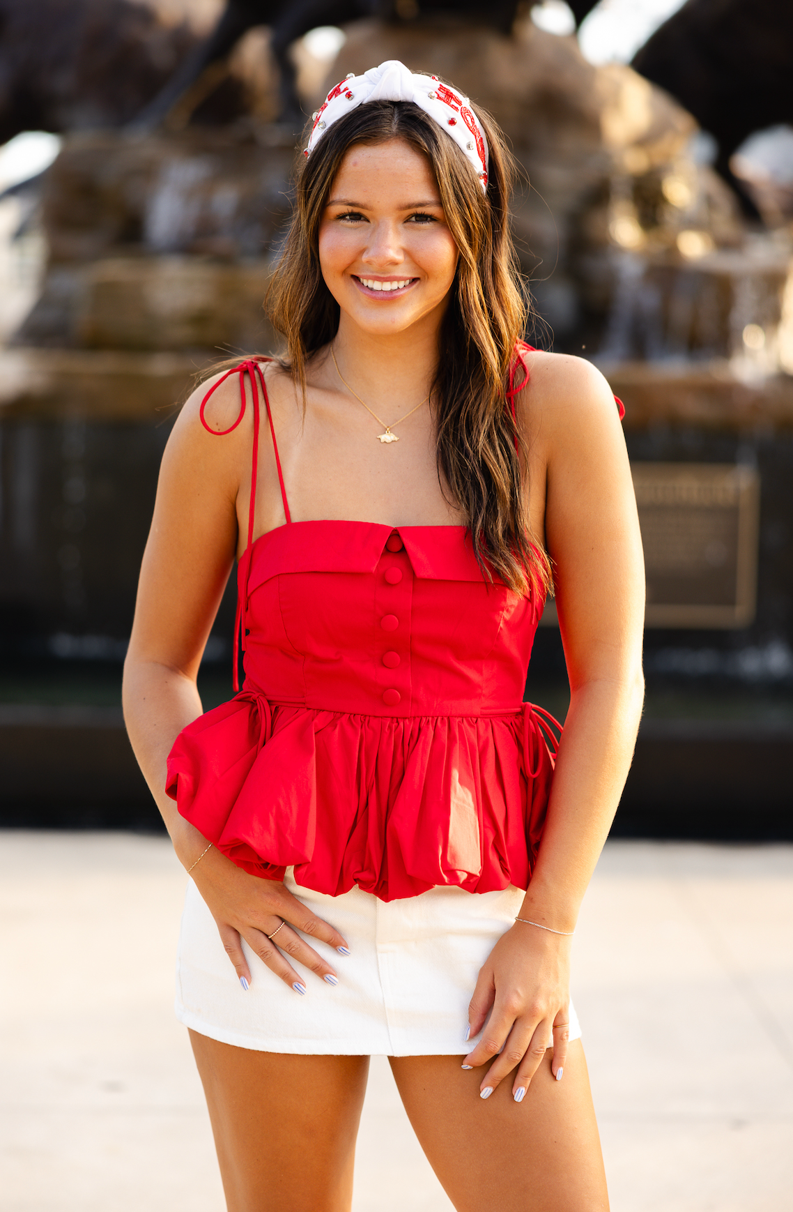 Red Bubble Hem Tie Shoulder Top