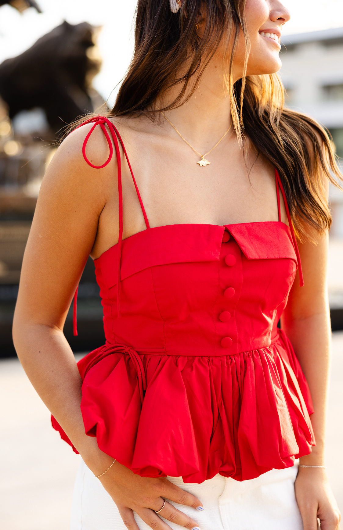 Red Bubble Hem Tie Shoulder Top