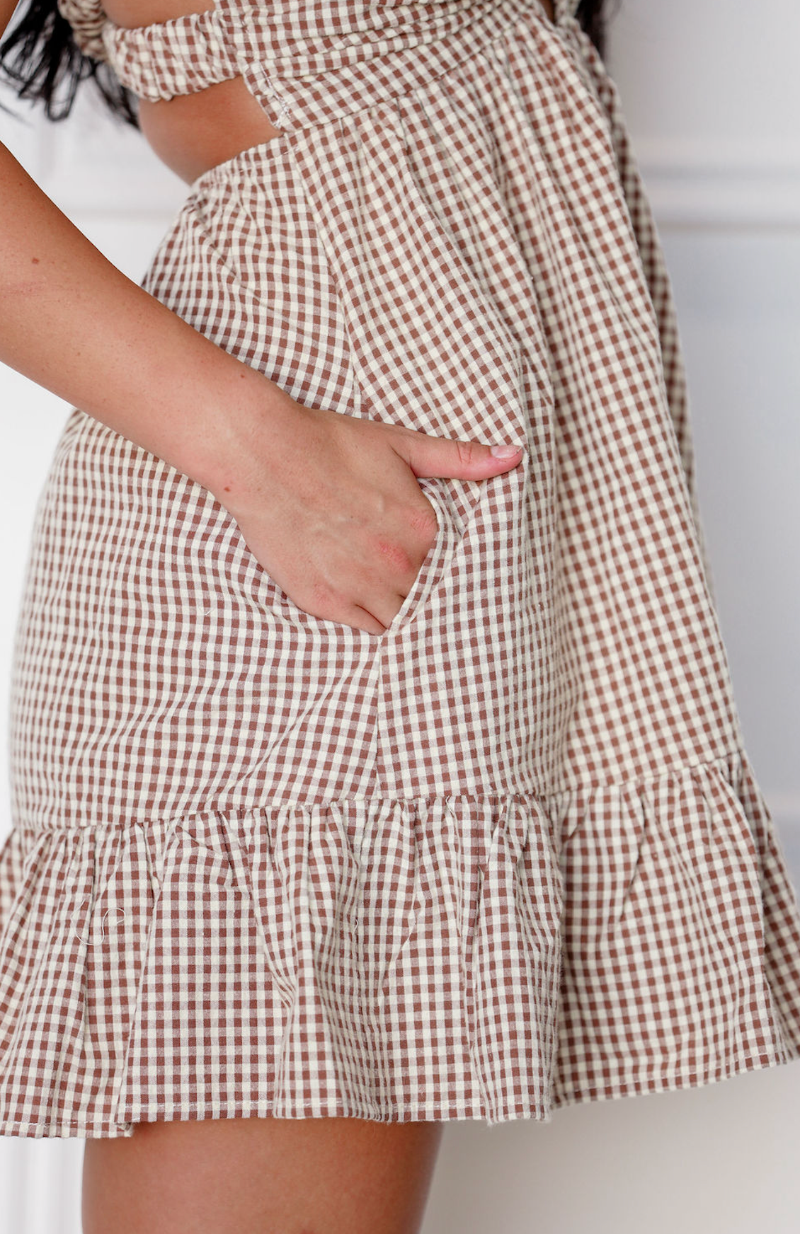 Brown Gingham Strapless Dress
